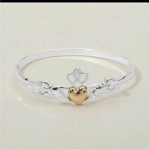 Two-Tone Claddagh Bangle Bracelet - Gold Heart, Silver Band